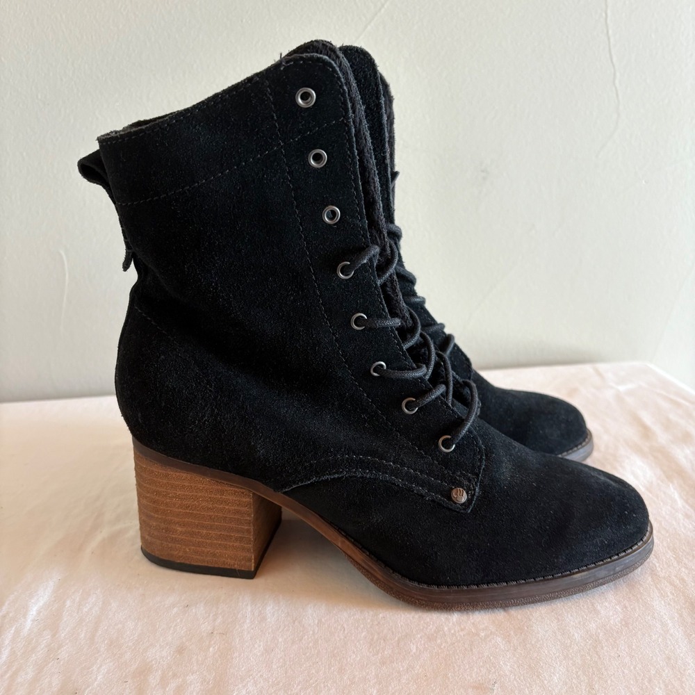 Bearpaw Black Suede Vintage Lace Up Ankle Boots fleece lined Block Heel SZ 8.5